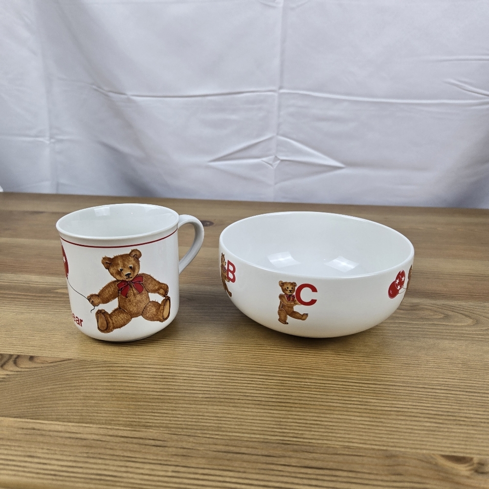 Vintage Porcelain Baby Cup Bowl Set Curzon Teddy Bear Red White Brown 80s 70s